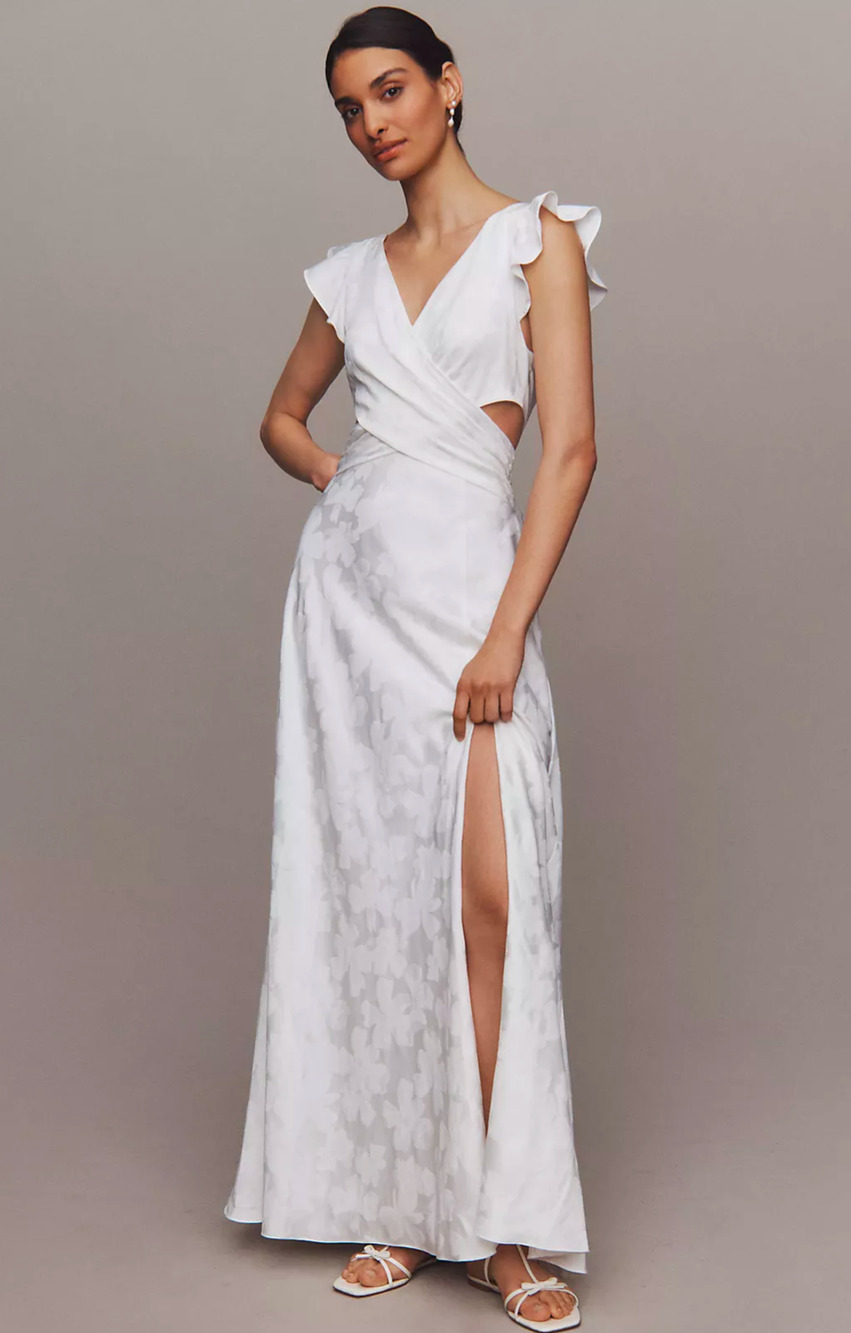 BHLDN Anthropologie Size 6 Ivory Jacquard Cutout Ruffle Wedding Gown
